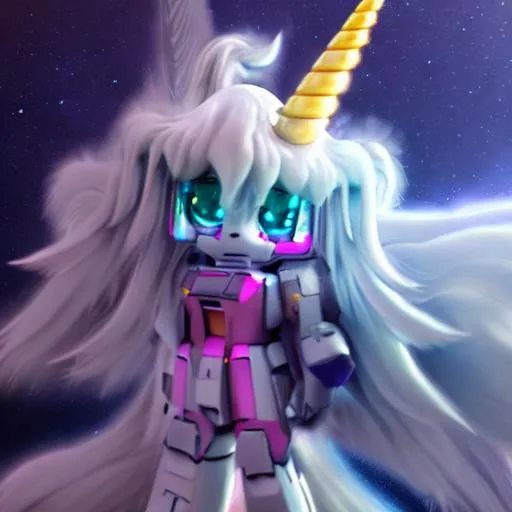 Prompt: 3d {unicorn gundam}, long flowing mane, cute and adorable, cute big circular reflective eyes, long fuzzy fur, Pixar render, fairy forest background bokeh, unreal engine cinematic smooth, intricate detail, cinematic