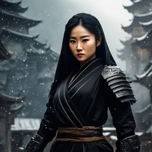 Prompt: create best quality photograph of beautiful female ninja who is wearing all black ninja style robes with dragon picture on his suit, hig quality epic background, detailed face, extremely detailed environment, extremely detailed background, extremely detailed skin, extremely detailed clothing, natural colors , professionally color graded, photorealism, 8k, realistic, moody lighting, galactic environment, volumetric lighting