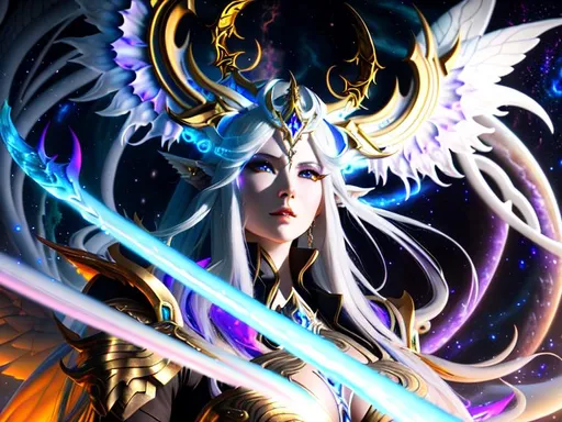 Prompt: Albedo, Fantastical, oil painting style portrait of aion elyos,  by Bayard Wu, tiamat armor,  beautiful body, extremely detailed, dramatic lighting, colorful, 4k, fantasy genre, sharp focus, galatic space , nice face, five finger, white hair, shine, two eyes, nose, mouth