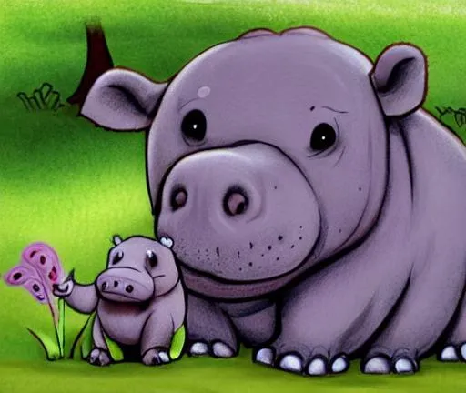 Prompt: cute hippo talking to mother Bella about why her ears are so small, child book drawing, trending on artstation