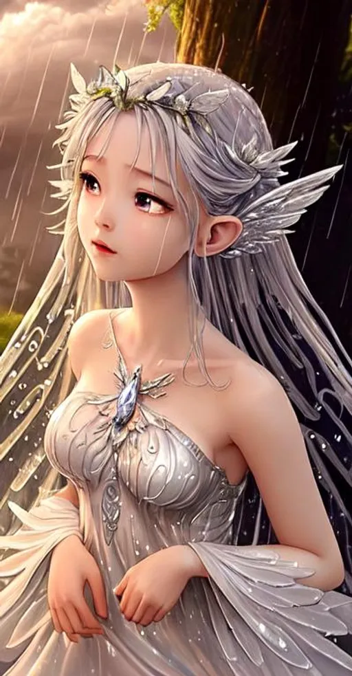 Prompt: An Angelic silver fairy who has just awakened when the rain starts to pour all over her white dress.
Exterior; beautiful clouds with trees as high as the clouds are, the feminine fairy wakes up with tears,
(emphasis on her eyes, lips, and face in the rain)