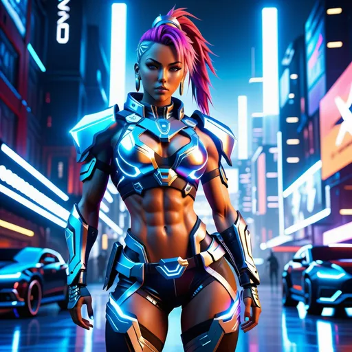 Prompt: 4k UHD anime illustration of a powerful Goddess, unreal engine 5, hip hop punk style, perfect autonomy body shape, muscular yet slim, detailed muscular structure, intense and authoritative gaze, futuristic Nordic setting, cool and edgy atmosphere, detailed armor with cybernetic enhancements, glowing holographic elements, high-res, ultra-detailed, anime, hip hop punk, futuristic, detailed muscles, urban setting, Victorian Nordic, powerful stance, professional, dynamic lighting
