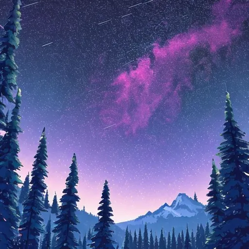 Prompt: 8k resolution,high quality picture, a night sky full of stars with few clouds, moon slightly clouded, snow covered mountain, tall pine trees, moon shadowed by trees also, a couple anime like, holding each other