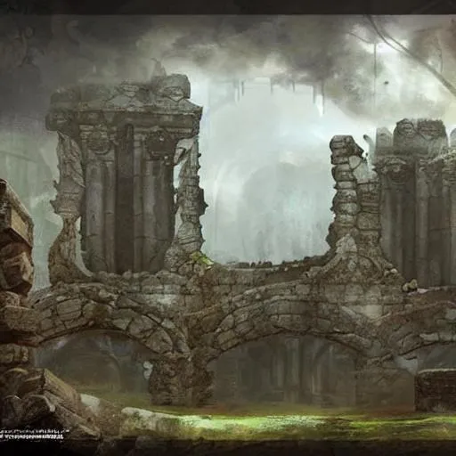 Prompt: concept art of ancient fantasy ruins with an ancient archway in it's walls, trending on artstation, gloomy, foggy, analogous colors