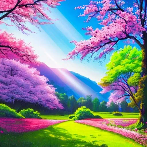 Prompt:  landscape in vivid colors, flowering trees, sunrays