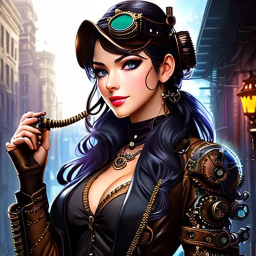 Prompt: steampunk, (high quality)+, (high texture)+, (ultra detailed)+, (detailed background)++, (perfect anatomy)+, (proper finger structure)+, (quality artwork)+, (mature woman)++, solo, detailed face, black hair, long hair, shiny hair, detailed hair, iridescent eyes, detailed eyes, goggle with neon trim++, (leather gloves)++, detailed accessories, detailed body)++, shiny skin, (fair skin)+, detailed skin, (bronze gears)++, road++, rain background++, (metal trees)++, (full body)+++, (sepia tones)++, (from ahead)++