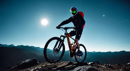 Prompt: color splash, {man on mountain bike in photo}detailed, extreme close up, in space, full moon in background,24 mm, Nikon ZFX, Cinematic
