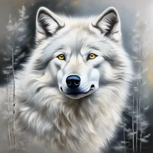 Prompt: (full body, professional oil painting, hyper detailed, best quality:1.5), insanely beautiful portrait, wise white silver-eyed ((wolf)), frosted pelt, glistening (bright silver eyes:8), 8k expressive big silver eyes, thick soft ethereal 8k fur, wispy fur, wispy hair, detailed face, intricate details, silver frost on forehead, silver crystals on crest, insanely detailed, masterpiece, symmetric, perfect composition, cinematic lighting, soft lighting, studio light, bright ambient silver light, 8k, beautiful complementary colors, golden ratio, high octane render, volumetric lighting, depth, realistic, photorealistic, highly detailed shading, unreal 5, enchanted woods, timid, ethereal, winter wonderland, snow falling, silver light columns, artstation, top model, sunlight on fur, intricate hyper detailed breathtaking colorful glamorous scenic view landscape, Yuino Chiri, ultra-fine details, hyper-focused, deep colors, dramatic, blizzard, medium full body, intricate detail, high quality, high detail, masterpiece, intricate facial detail, high quality, detailed face, intricate quality, intricate eye detail, highly detailed, high resolution scan, intricate detailed, highly detailed face, very detailed, high resolution