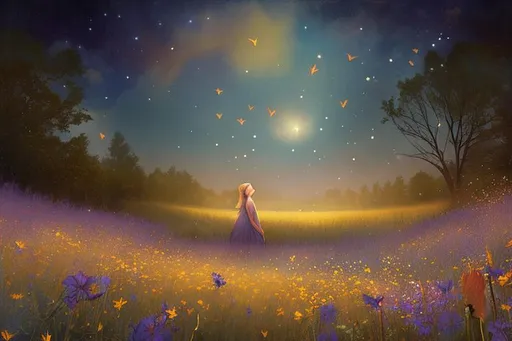 Prompt: meadow surrounded by wildflowers and fireflies, starlit sky, detailed, Christian Schloe