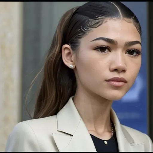 Prompt: wide shot of a movie about bitcoin billionaire starring zendaya wearing causal clothes in front of a bank off china teller window in hong kong 