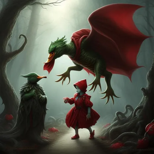 Prompt: candy duck cthulhu chasing little red riding hood on the path in the dark forest , grimm's fairy tale, highly detailed concept art painting, digital art, trending on arstation, nightmare of H. P. Lovecraft