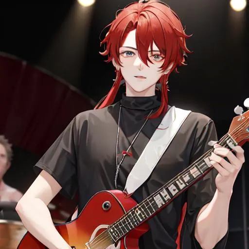 Prompt: Zerif 1male (Red side-swept hair covering his right eye) playing the guitar at a concert, UHD, 8K, highly detailed