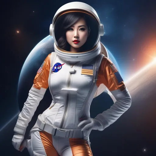 Prompt: An Asian woman wearing a skimpy astronaut uniform, space background, wide hips, {{{masterpiece}}}, action pose, UHD, Holstard pistol on her hip