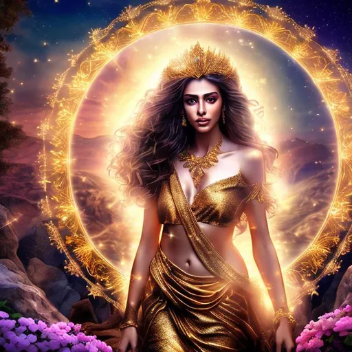 Prompt: HD 4k 3D 8k professional modeling photo hyper realistic beautiful leader woman ethereal greek goddess of falling stars
gold hair hazel eyes gorgeous face brown skin shimmering gold robes with gems jewelry and star tiara full body surrounded by magical glowing divine starlight hd landscape background falling stars in a temple