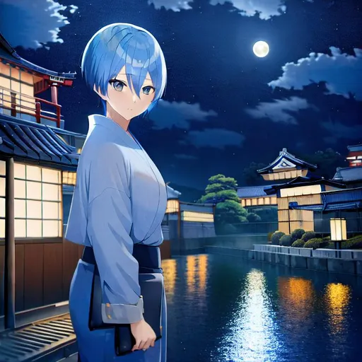 Prompt: Girl with blue hair , night, moon, anime, city, train, landscape photography, rain, blue, rill, japan, spirit away, short hair 