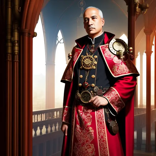 Prompt: Steampunk wise priest, low ambience, humid air, hd, high quality, red brocade