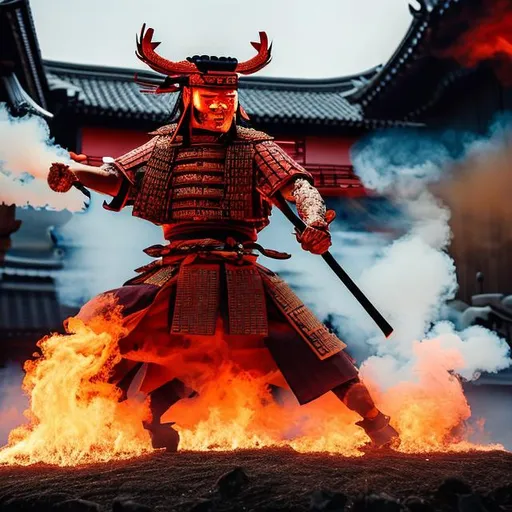 samurai fight with fire in the background