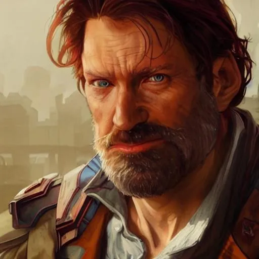 Prompt: realistic portrait of a dnd male of 45 years old, D&D, shorter red hair and beard, highly detailed, concept art, smooth, art by artgerm and greg rutkowski and alphonse mucha and simon stalenhag, ambient lighting, fantasy, full view, close up to face, highly detailed face, sharp face, simple clothes, white skirt
