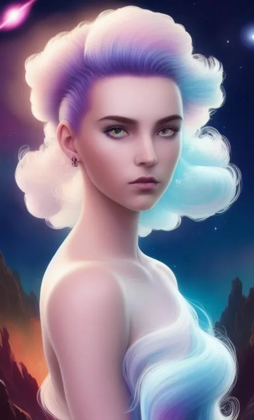 Prompt: beautiful cool girl with cosmic hairstyle. Her Hair is made of white puff glowing clouds in a updo held by glowing shooting stars, planets and the moon. dramatic lighting coming from the planets, aesthetic, inspiring, creative, hyperdetailed, rim lighting, art by artgerm , Peter mohrbacher, Greg rutkowaski, Tom Bagshaw, WLOP, digital art, smooth, aesthetic, glow, shimmer