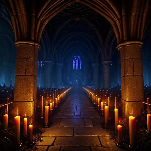 Prompt: a fantasy rpg underground dungeon cathedral hall with candles and fire bowls and roots and spiderwebs, , dark horror scenery,  photorealistic , ultra detailed, hyperrealistic, surreal, matte painting, unreal engine 5, UHD, first player sight

