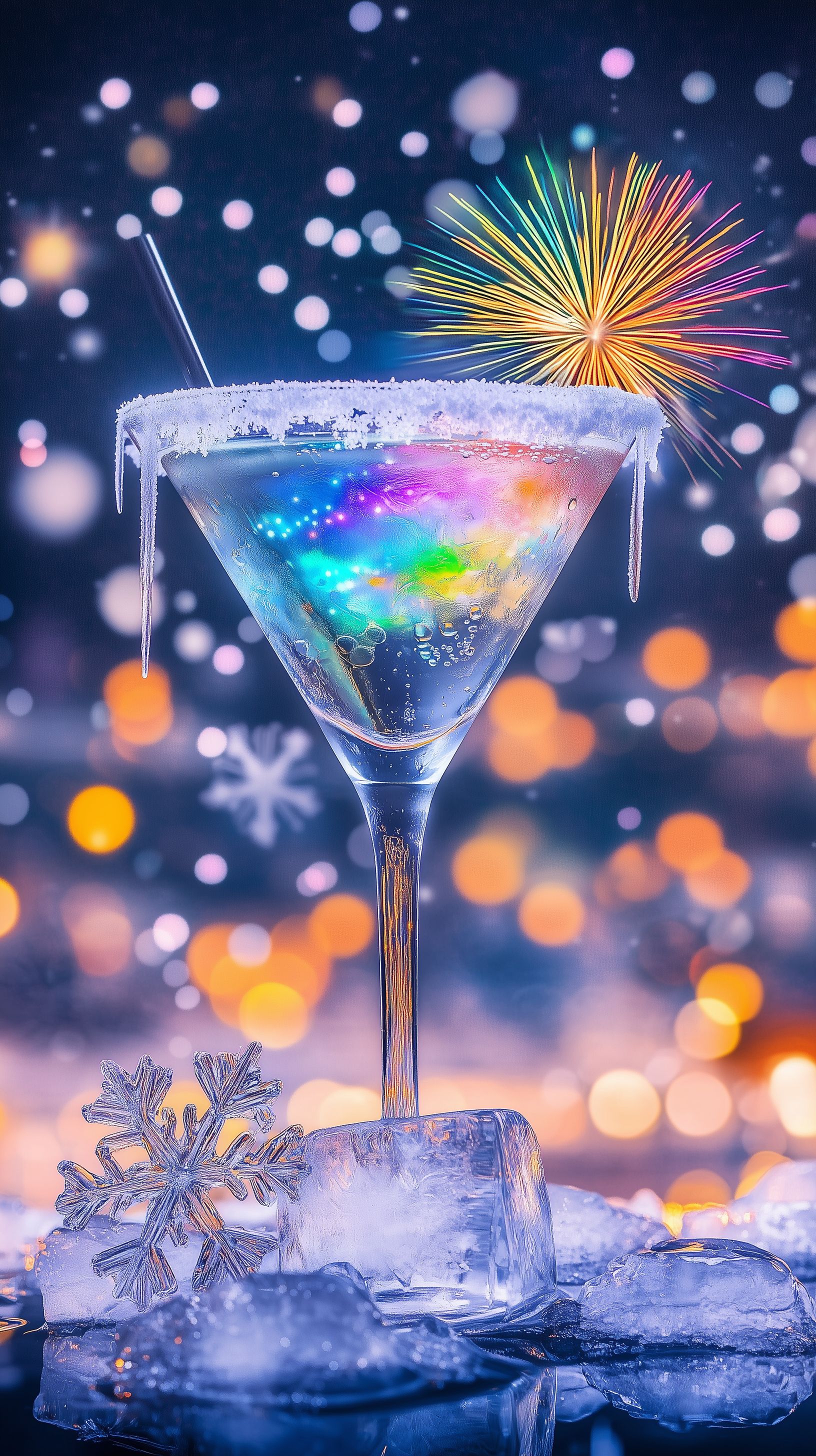 Prompt:  A tall frosty frozen tropical drink, in a see through martini glass, dripping water down the side, ice frosted on the rim, the glass looks cold and frosted, its got wispy lines of frost around the glass, fireworks are going off in the distance, the drink is tinted with the northern lights inside the liquid, drink sits on a block of ice in the middle of a tropical beach at sun set with colorful whispy clouds, close up on the drink, beautiful crystal sand, a Snowflake sitting on the side,