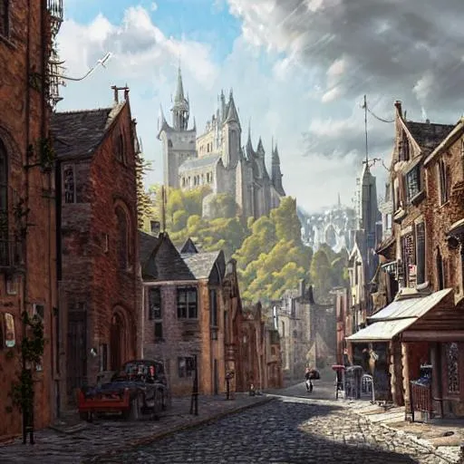 Prompt: elegant fantasy capital city, in the foreground sprawling houses and shops lining the crowded streets. in the background is a large stone castle with several tall spires. View from the ground looking from a street towards the castle. realistic, highly detailed painting concept art style 4 k