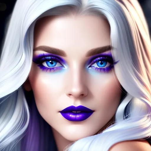 Prompt: Beautiful ethereal woman, long blonde hair,and icy blue eyes color, purple lipstick, facial closeup