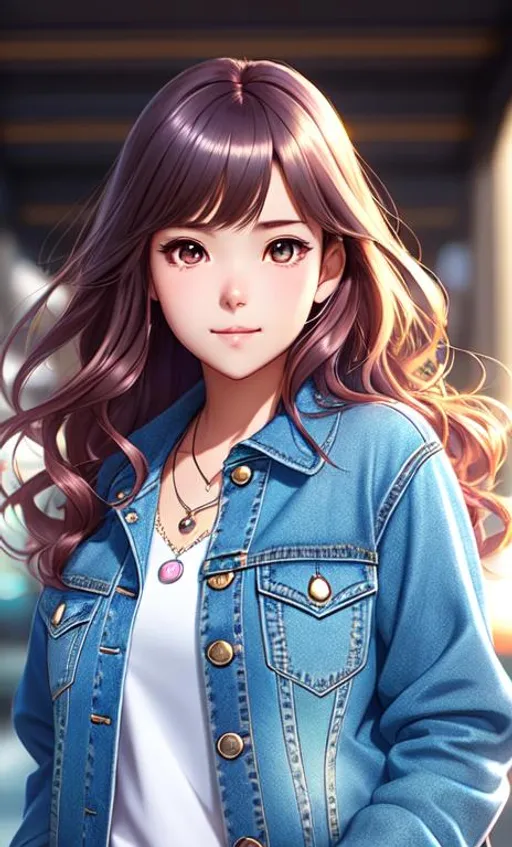 Prompt: portrait of a 19 year cutest girl with jean jacket outfit, smooth soft skin, big dreamy eyes, beautiful intricate colored hair, symmetrical, anime wide eyes, soft lighting, detailed face, by makoto shinkai, stanley artgerm lau, wlop, rossdraws, concept art, digital painting, looking into camera, full body visible, hands visible, legs visible