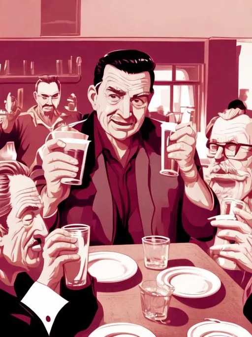 Prompt: Breathtaking vector image of mid 50's aged man calling cheers with a plastic cup in a new Mexican dinner. Award winning Ultra HD Vector image.