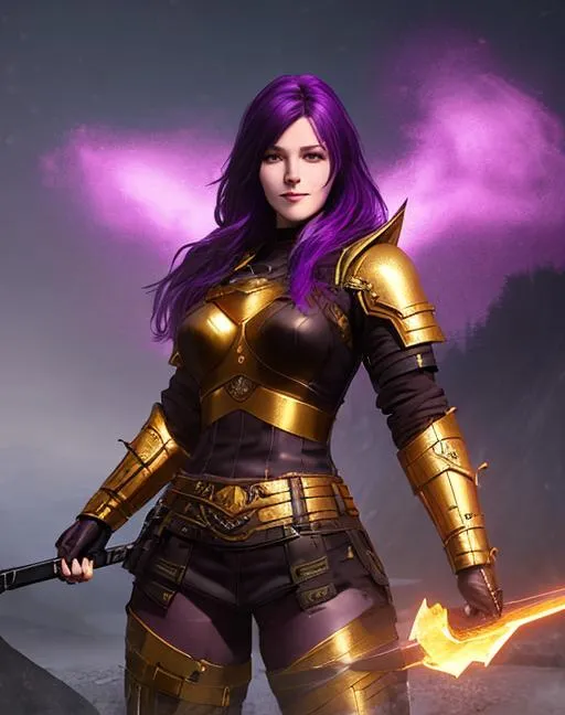 Prompt: Digital art, 20-year-old woman viking, subtle smile, dark purple hair, one braid, light blue eyes, black gear, gold armor, unreal engine 16k octane, 3D lighting, cinematic lighting, full body, full armor