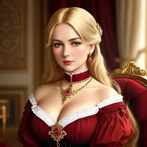 Prompt: Wealthy, stylish lady of the Victorian era, blonde hair, wearing ruby and gold jewelry, wearing ,facial closeup