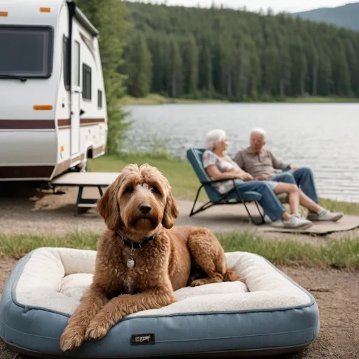 Prompt: A photorealistic photo of a young doodle dog laying on a dog bed next to a retired couple outside an Rv at a lake, DSLR, 50mm lens f/ 2. 8, shutter speed 1/ 60, soft light source, so beautiful --ar 7:4 --stylize 250