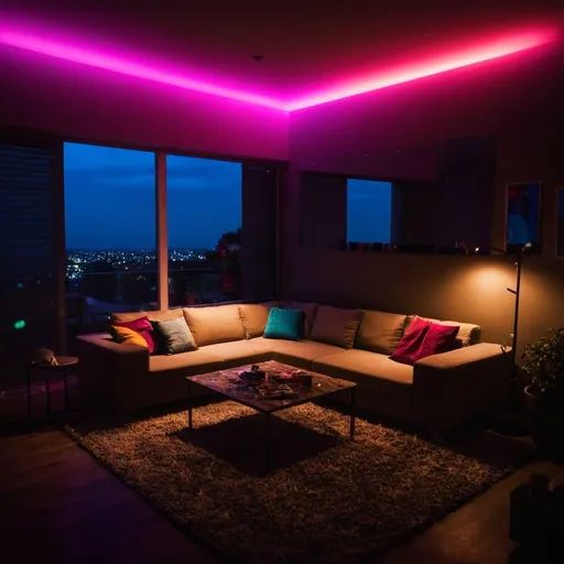 Prompt: living room at night with colored lighting