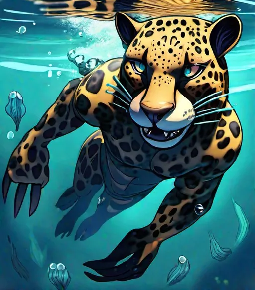 Prompt: Anthro furry humanoid jaguar swimming underwater,  full body, ocean