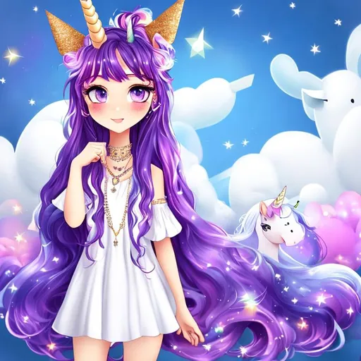 Prompt: A person with purple hair and brown eyes and a unicorn hair in a white dress