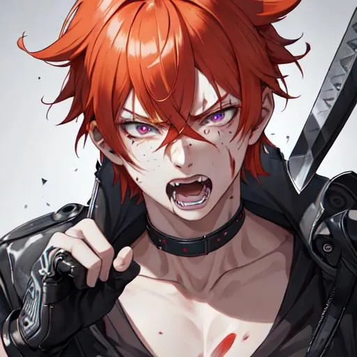 Prompt: Erikku male adult (short ginger hair, freckles, right eye blue left eye purple) UHD, 8K, Highly detailed, insane detail, best quality, high quality, covered in blood, covering his face with his hand, wide eyes, insane, fear, threatening, laughing, angry, fighting, psychopathic, anime style, pointing a knife at the viewer