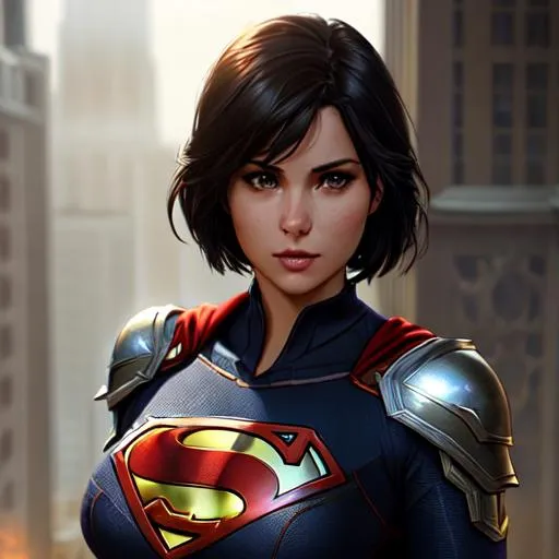 Prompt: "gorgeous female Kryptonian, Lara Lane-Kent daughter of superman and Lois lane, short black hair, Supergirl armour, big  attractive Detailed Render eyecandy Breathtaking 8k Greg Rutkowski Artgerm WLOP Alphonse Mucha dynamic lighting hyperdetailed intricately, volumetric lighting, unreal engine 5, insane detail, ultra realistic, frostbite 3 engine, cryengine, 