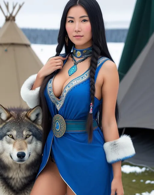 Prompt: A beautiful  shaman yakut hairy girl  , standing with wolf  with armor , fair Snowy landscape with tipis ,  , thigh visible, legs visible, cleavage and navel visible, symmetrical face, 