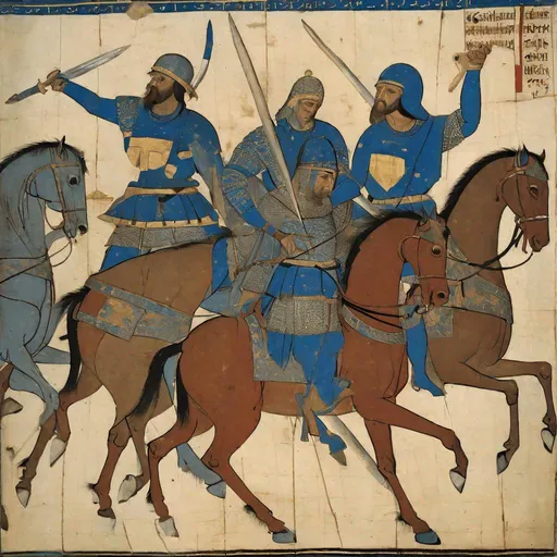 Prompt: a painting of a group of men on horses, a digital rendering, by Simon de Vlieger, fighting a war, of a old 13th century, blue edge, wearing bullet-riddled armor, ((woodblock)), not cropped, holy crusader, i_5589.jpeg, squad fighting enemy, irina french, star, weenie