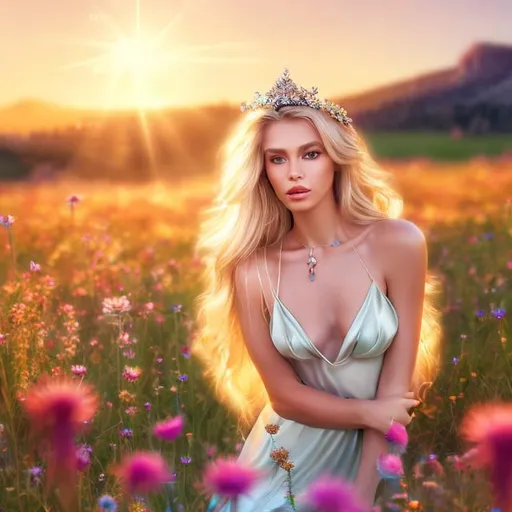 Prompt: HD 4k 3D 8k professional modeling photo hyper realistic beautiful woman ethereal greek goddess of the dawn
blonde hair gorgeous face fair skin shimmering dress with gems jewelry and tiara full body surrounded by magical glowing light hd landscape background laying down in field sunrise with vibrant wildflowers and birds