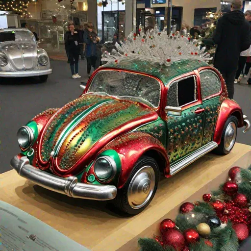 Prompt: A VW beetle made out of glass and cast iron ornaments