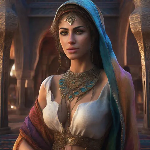 Prompt: In Image, Create a highly detailed, ultra high definition, photo-realistic, intricately detailed textures. The image is focused on the gorgeously stunning beautiful slender fantasy Arab harem woman. Full body, centered, fantasy setting, character concept, cinematic, colorful background, concept art, dramatic lighting, highly detailed, hyper realistic, intricate sharp details, octane render, smooth, ultra studio lighting, perfect shading and shadows, trending on art station, 64k, HDR, unreal engine, emotive, cgi, animated, character art, iridescent, metallic.