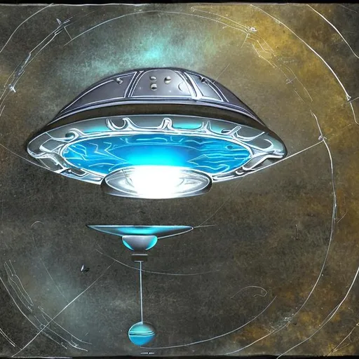 Prompt: "sleek, floating ufo with strange markings etched into its surface, sleek and metallic, with glowing panels and strange instruments lining the walls, extraterrestrial, incredible technology, centered, Highly detailed, realistic, silver, gold, blues"