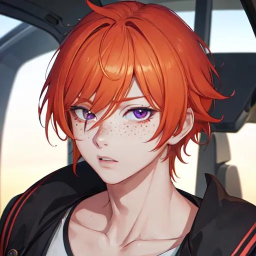 Prompt: Erikku male adult (short ginger hair, freckles, right eye blue left eye purple) UHD, 8K, Highly detailed, insane detail, best quality, high quality, anime style