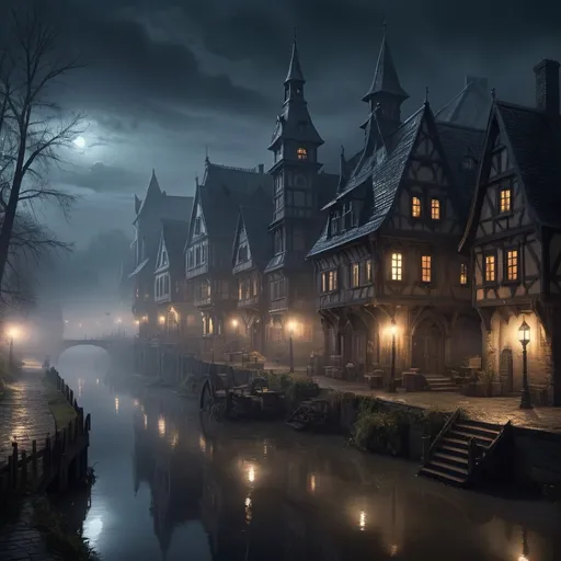 Prompt: Hyper-realistic night scene of misty Warhammer fantasy town by river, eerie atmosphere, detailed architecture, haunting mist, ominous glow, high quality, hyper-realism, fantasy, eerie lighting, detailed houses, misty atmosphere, atmospheric fog, ominous, detailed scenery, fantasy architecture, night setting, mysterious, professional, realistic lighting