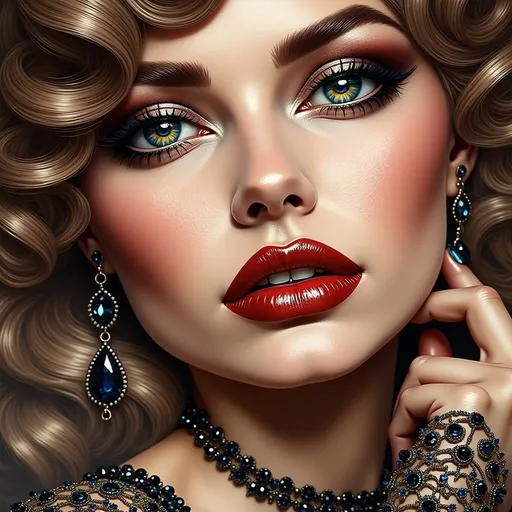 Prompt: a woman with red lipstick and a brown dress is posing for a picture with her hands on her chin, Constance-Anne Parker, gothic art, realistic shaded perfect face, a photorealistic painting