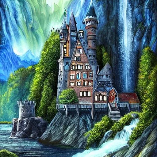 Prompt: Medieval German castle, surrounded by waterfall, high fantasy, epic, digital art
