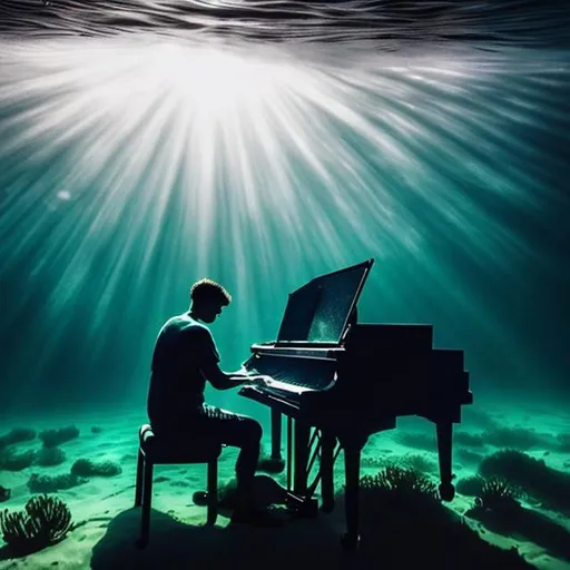 Prompt: Man playing piano underwater beautifully dark