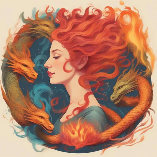 Prompt: A colourful and beautiful Persephone, with hair being made out of fire, surrounded by dragons, in a painted style