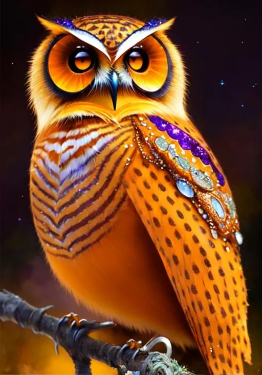 Prompt: Glossy, sparkling portrait of a orange owl. Art by  jean Baptiste monge, ismail inceoglu, Victo Ngai, Sherry Akrami, Anna Dittman, Lucie Bilodeau, Laura Diehl, catrin welz-stein, Paul Delaroche, highly detailed, sharp focus, fantastic view, dreamy, Epic, celestial, sparkling, glossy, light emitting,  inner light.